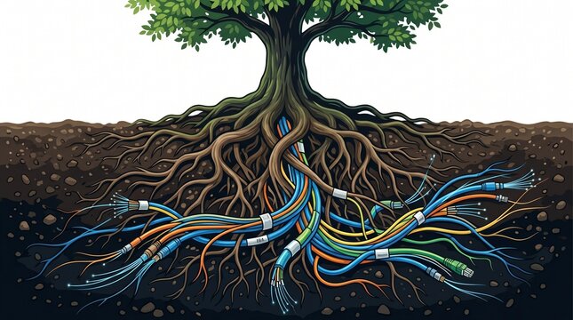 Tree with colorful electric cables as roots in the ground