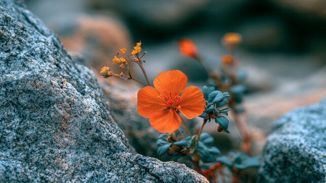 Resilience in Bloom: A vibrant orange wildflower pushes through a rocky crevice, showcasing nature's tenacious spirit against a backdrop of weathered stone.