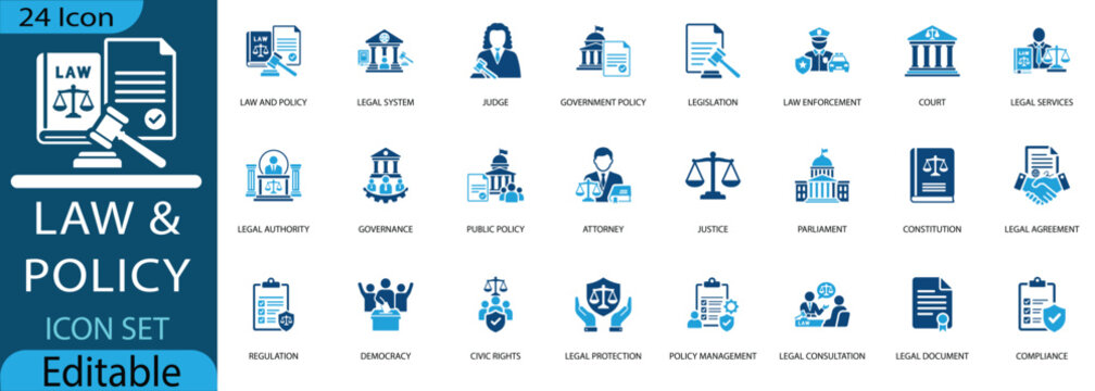 Law and policy icon set including legal system, justice, government, regulation, attorney, and democratic rights symbols. Editable vector illustration for UI, web, and print.