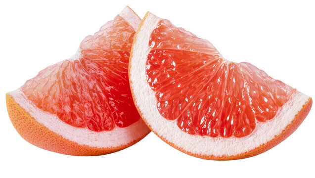 Two juicy grapefruit slices with vibrant pink flesh and white pith