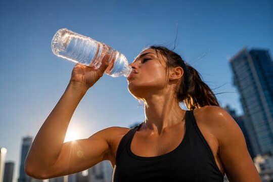 athletic woman drinking water after an intense workout