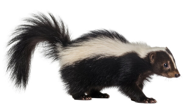 Black and white skunk with bushy tail walking