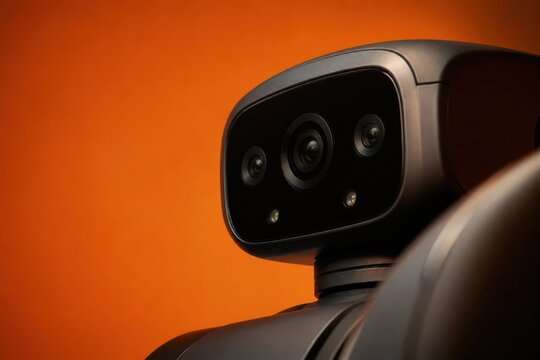 Close up of a robot head with camera eyes on orange background