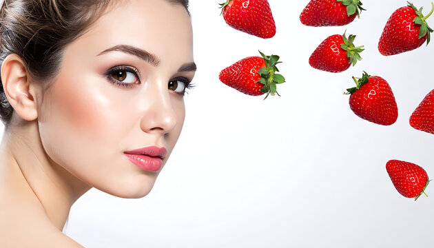 Beautiful woman with glowing skin and fresh strawberries falling around her, concept for skincare and beauty