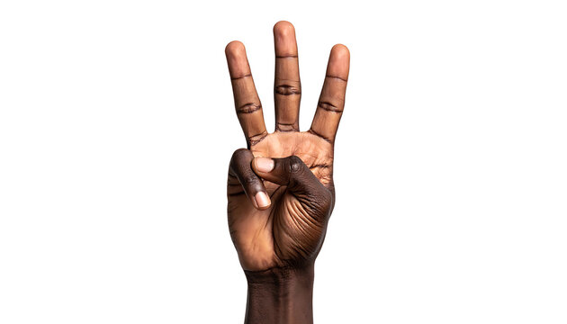 Black hand showing number three with raised fingers, isolated on white, symbolizing counting or quantity