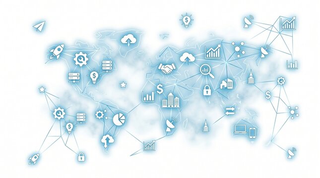 Global business network icons on a digital world map