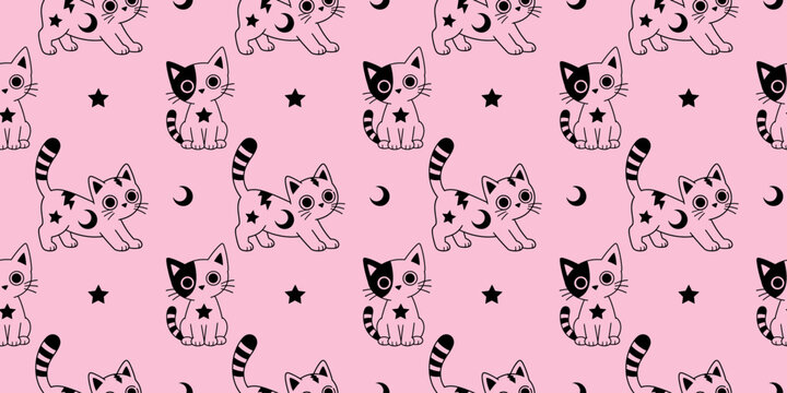 Cute pink cat seamless pattern with moon and stars in kawaii style. Perfect for fabric, nursery decor and stationery.