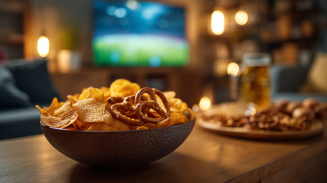 Bowl of potato chips and pretzels on table with television in background. Sports viewing, game night, snack time, entertainment and casual home leisure concept.