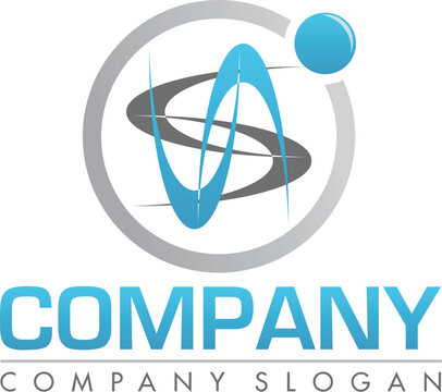 Abstract company logo design features a silver ring with a blue and black flowing s-shape and a blue sphere.