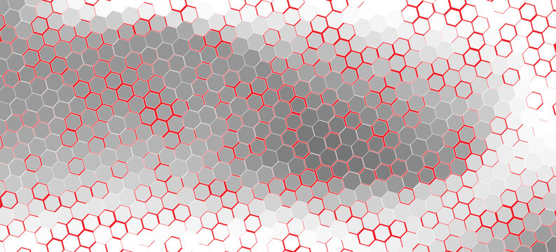 Modern hexagonal grid with red outlines and soft gray shading, abstract vector background for business and technology projects.