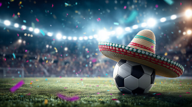Soccer ball wearing a colorful sombrero on a stadium field during a festive match celebration. Mexican football culture concept with confetti, lights, and copy space.