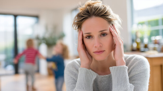 Woman suffering from stress or headache while children play noisily in the background. Parenting fatigue, mental overload, family stress, and work-life balance concept.
