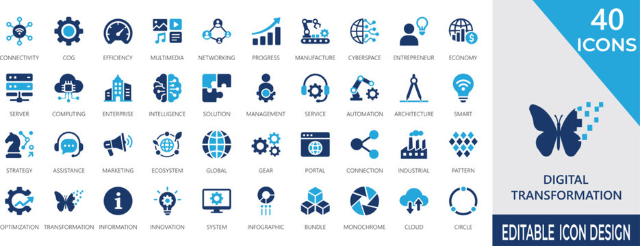 Digital Transformation solid icon set with connectivity, efficiency, enterprise,  strategy, integration, automation, cloud services, and business growth symbols.       