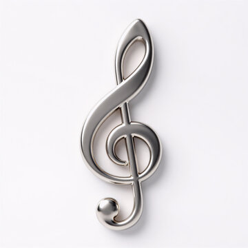 Neon Glow Sol Key. Music Symbol Featuring A 3D Silver Treble Key On A White Background