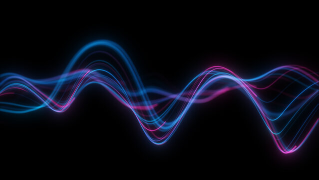 Blue pink sound waves on black background, glowing audio waveform graph, music equalizer display, neon data flow and futuristic analyzer screen