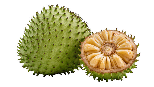 Whole and halved soursop fruit with spiky green skin and juicy pulp
