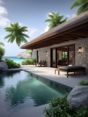 Fototapeta premium Luxury villa with private infinity swimming pool overlooking a pristine tropical beach and turquoise ocean under a clear blue sky, inviting relaxation and exclusive vacation