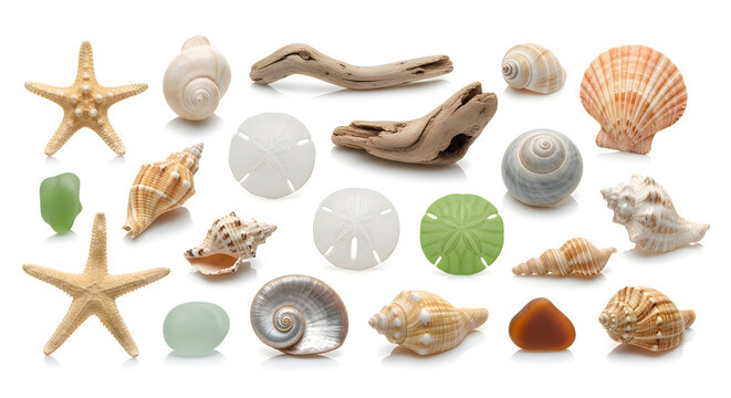 Beachcombing Treasures: Collection of Seashells, Starfish, Sea Glass, and Driftwood on White Background