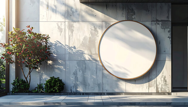 Blank circular sign on a textured concrete wall, bathed in warm sunlight, with a small tree and foliage nearby, perfect for outdoor branding mockups