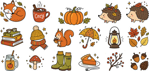 Cute autumn vector elements set with cozy forest animals pumpkin warm drinks leaves and fall season doodle illustrations. © Mst Fateha Begum