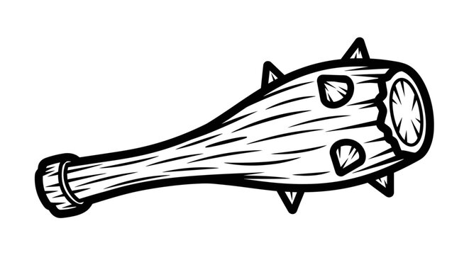 Black and white illustration of a spiked wooden club with a textured handle