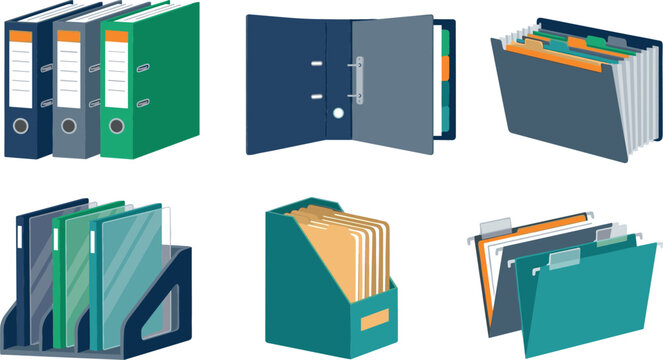 Office document organization vector icon collection featuring flat ring binders expanding file folders paper storage holders and tabbed dividers isolated on white background