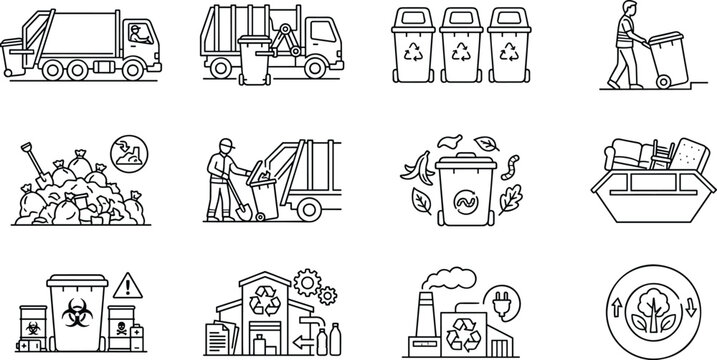Garbage collection and waste management vector icon set with recycling trucks bins landfill biohazard and eco factory.