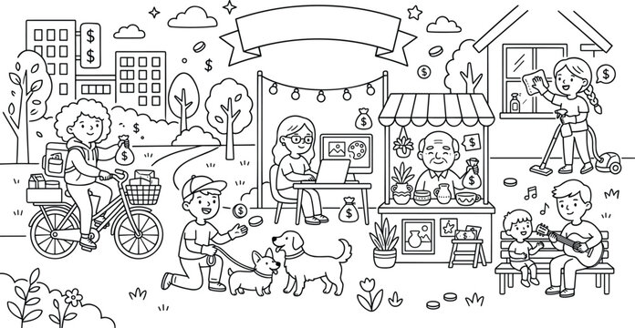 People earning money through different side hustles freelance work local business and community marketplace line art illustration.