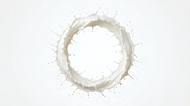 Dynamic circular splash of white liquid, possibly milk, creating an elegant ring shape against a pristine white background, showcasing fluid motion and purity.