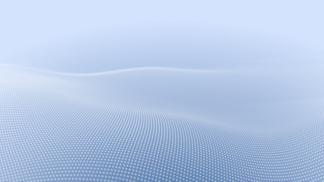 Digital data stream landscape with white blue particle mesh waves, glowing dot patterns, minimal grid surface and cyber technology field
