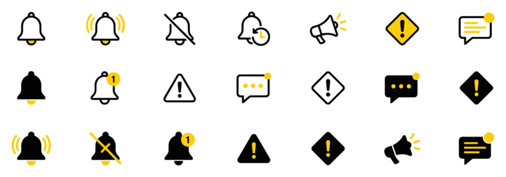 Set of notification, alert, message, and warning icons in black and yellow colors with various styles and indicators on transparent background