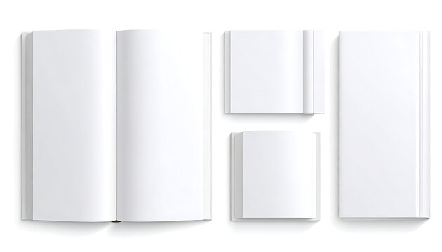 Blank open book and closed books arranged on a white surface, isolated objects for design mockup