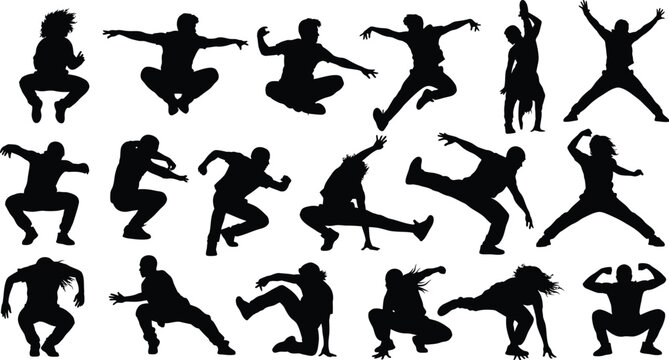 Collection of breakdancer and street dancer silhouettes in dynamic athletic poses for urban culture and performance vector illustration