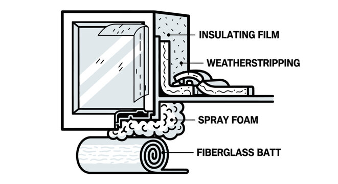 Window insulation and weatherproofing diagram with labeled components