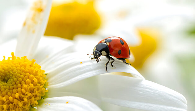 Close-up macro of a red ladybug with black spots crawling on a white daisy petal with soft yellow center, nature's delicate beauty, spring garden detail
