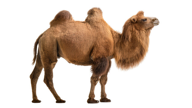 Dromedary camel with one hump brown fur, standing profile view