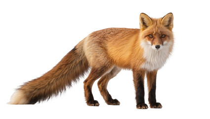 Fototapeta premium Red fox standing with bushy tail and white chest