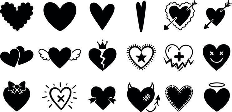Hand drawn heart shapes with wings arrows and broken elements romantic symbols.