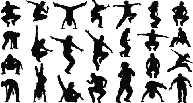 Large collection of breakdancer silhouettes performing urban hip hop dance moves and acrobatic poses for street culture design vector illustration