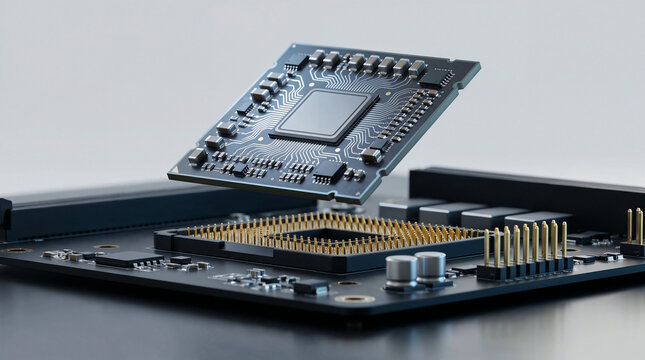 Close up of advanced processor chip hovering above motherboard socket, illustrating computer hardware innovation, semiconductor engineering, and high performance digital technology
