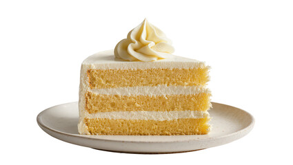 Layered vanilla cake slice with cream frosting swirl on plate