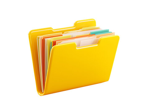 Bright yellow folder filled with colorful document papers and dividers transparent background