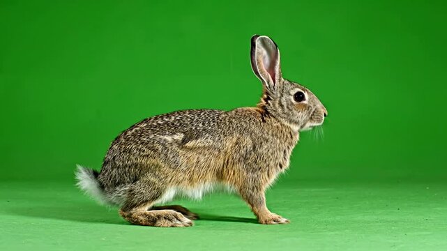 Wild cottontail rabbit hopping on green screen background, for easy compositing, bunny hare wild animal