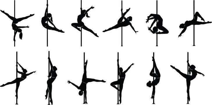 Pole dancing silhouettes set featuring women in various athletic poses and acrobatic positions for fitness and dance vector illustration