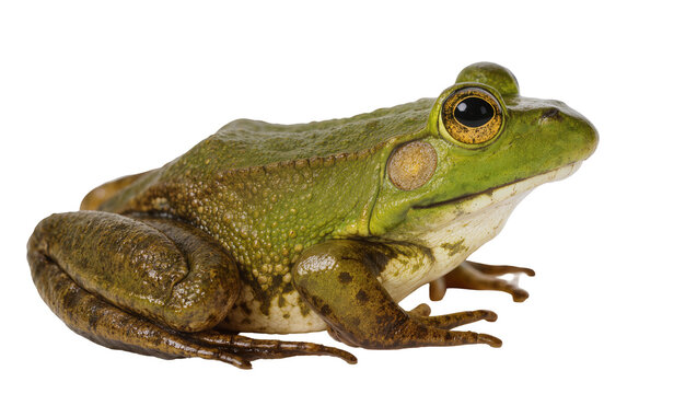 Green frog with yellow eyes on white