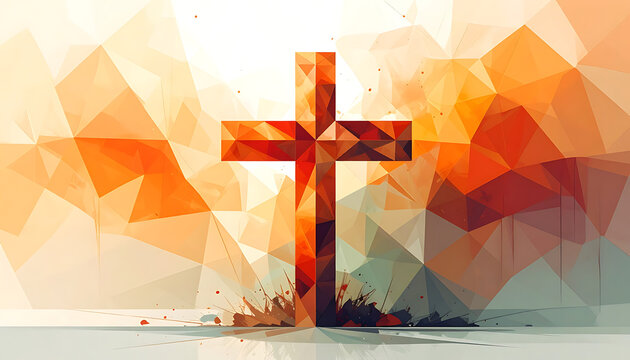 Christian cross with a mosaic low poly geometric pattern, abstract background, hope and faith symbol