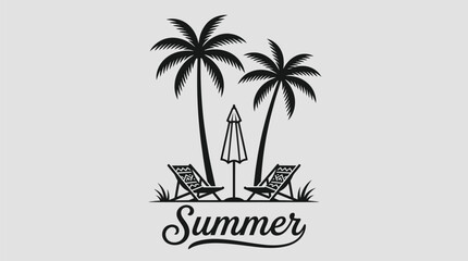 Obraz premium Summer vacation icons, palm trees, beach chairs, black and white graphics, eps vector