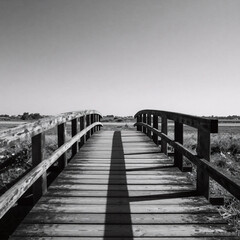 Obraz premium Grunge Bridge Crossing. Black Silhouette Of A Small Wooden Bridge In An Isolated Setting