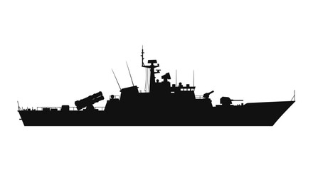 Silhouette of a modern missile boat with guns and radar on white background © aqwel