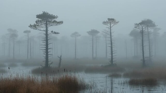 misty swamp forest with tall pine trees time-lapse scene